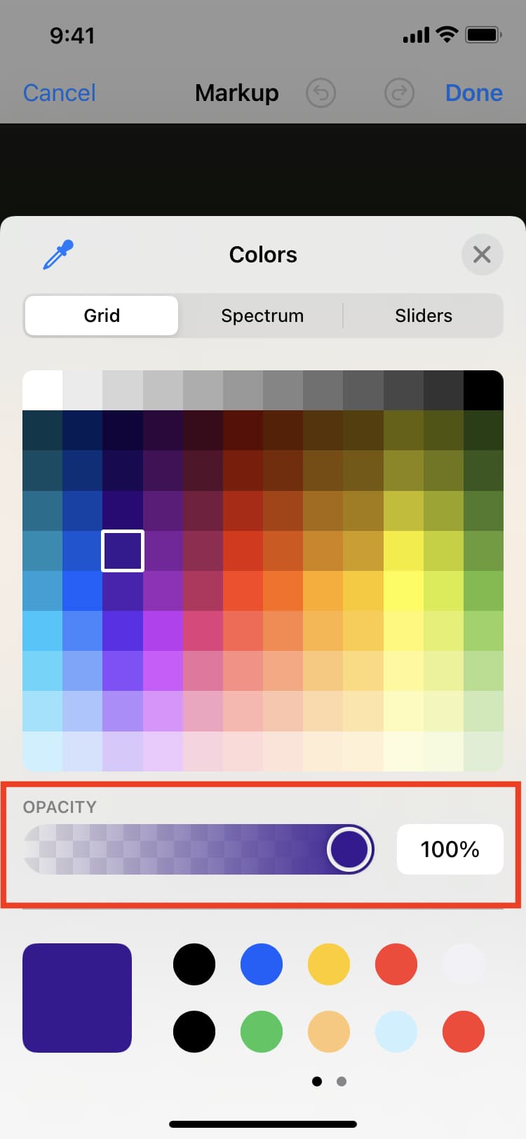 Pilih warna dan atur opacity di Markup di iPhone