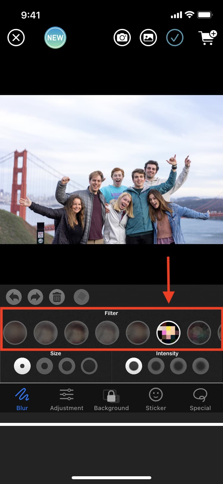 Pilih alat pixelate di aplikasi Blur di iPhone