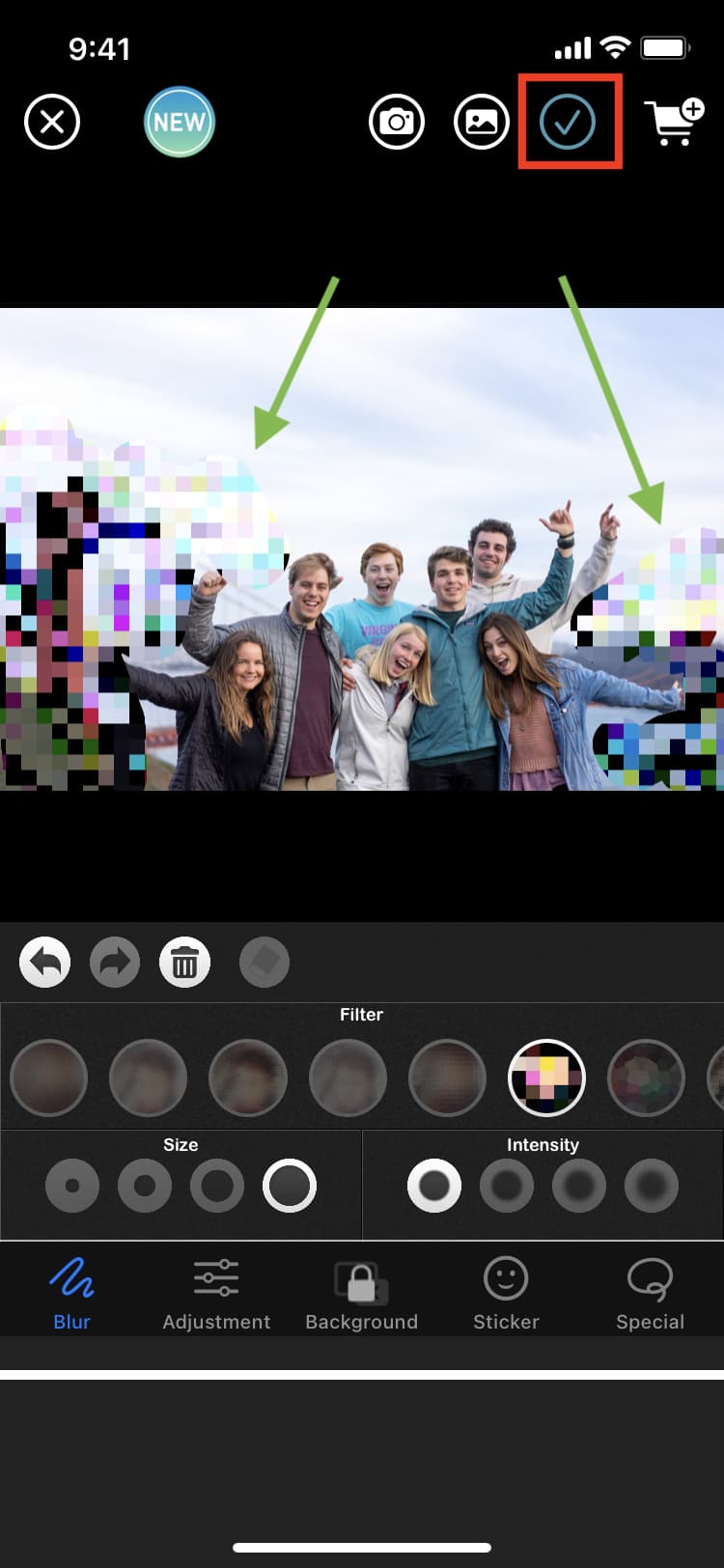 Tambahkan efek pixelate atau blur dan simpan gambar akhir ke aplikasi Foto iPhone