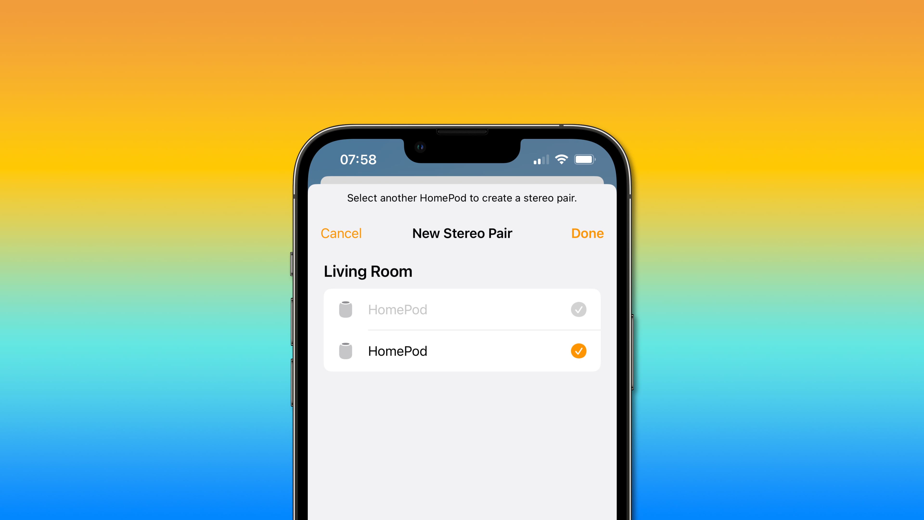 Memilih HomePod lain saat membuat pasangan stereo di app Apple Home