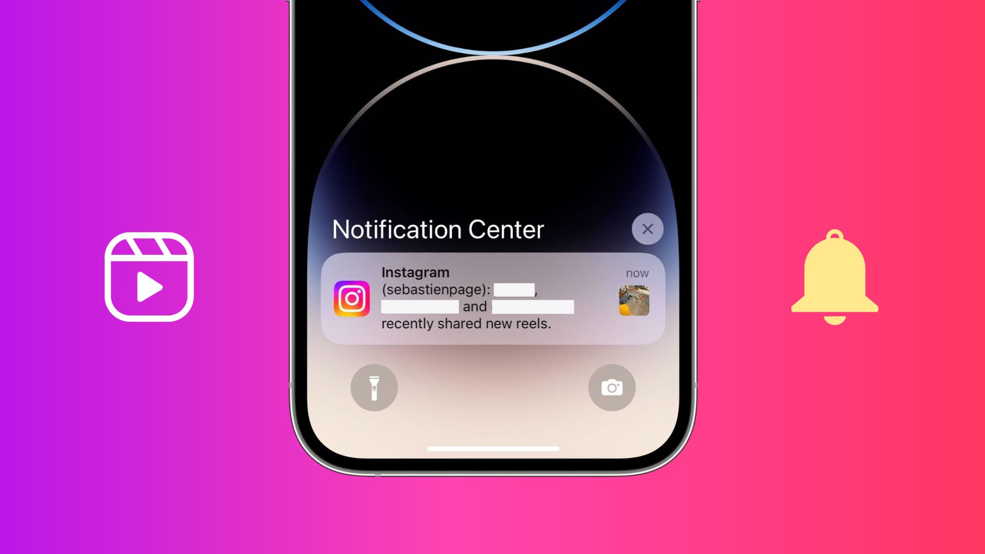 Layar iPhone menampilkan pemberitahuan Gulungan baru yang dibagikan baru-baru ini dari Instagram dengan Gulungan dan ikon lonceng di latar belakang