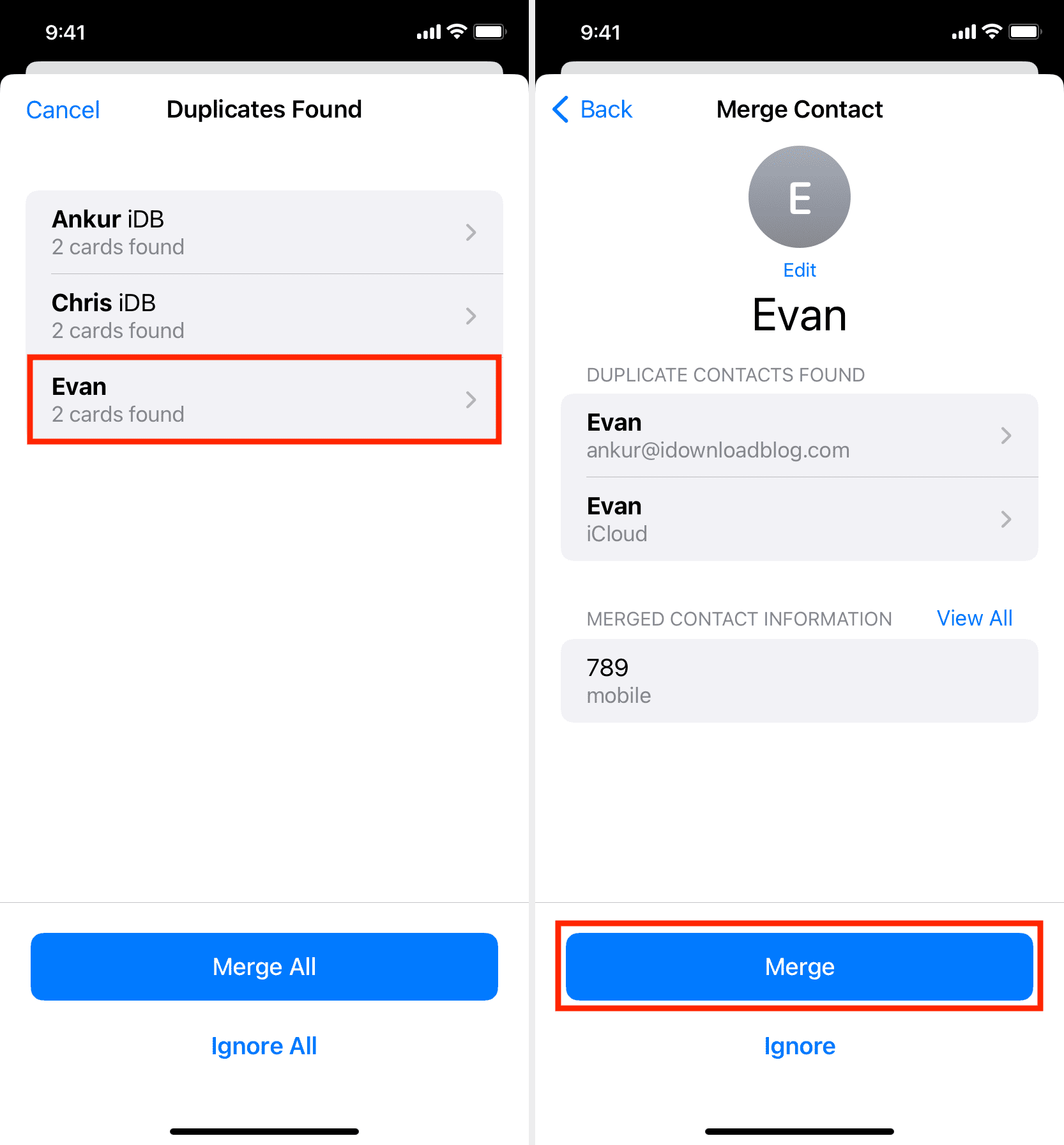 Gabungkan satu kontak duplikat di iPhone