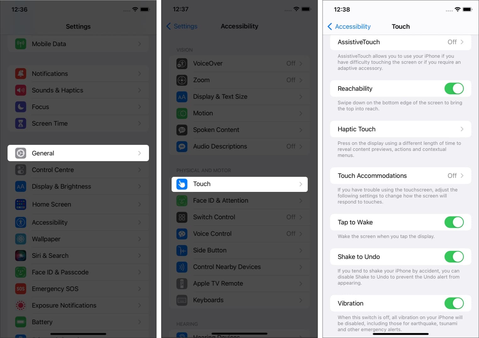Langkah-langkah yang disorot untuk membuka pengaturan sentuh Aksesibilitas di iPhone dengan iOS 16