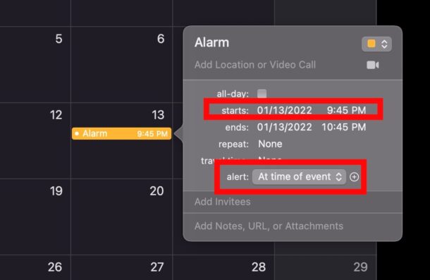 Mengatur alarm melalui Kalender di Mac