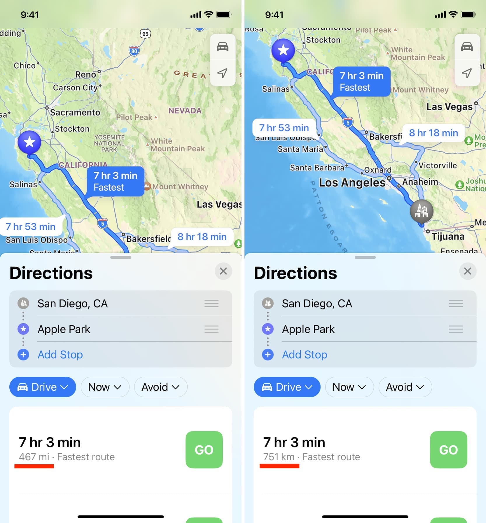 Dua tangkapan layar Apple Maps menunjukkan jarak dalam mil dan kilometer