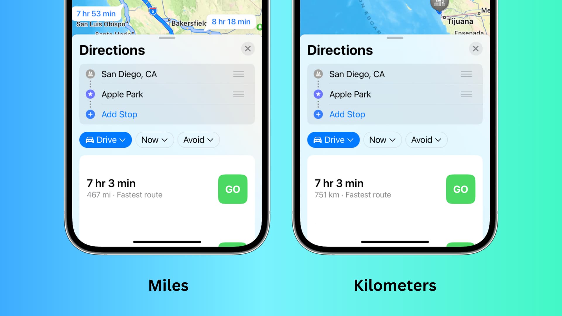 Dua tangkapan layar iPhone dari perjalanan yang sama, dengan satu menunjukkan jarak dalam mil dan yang lainnya dalam kilometer