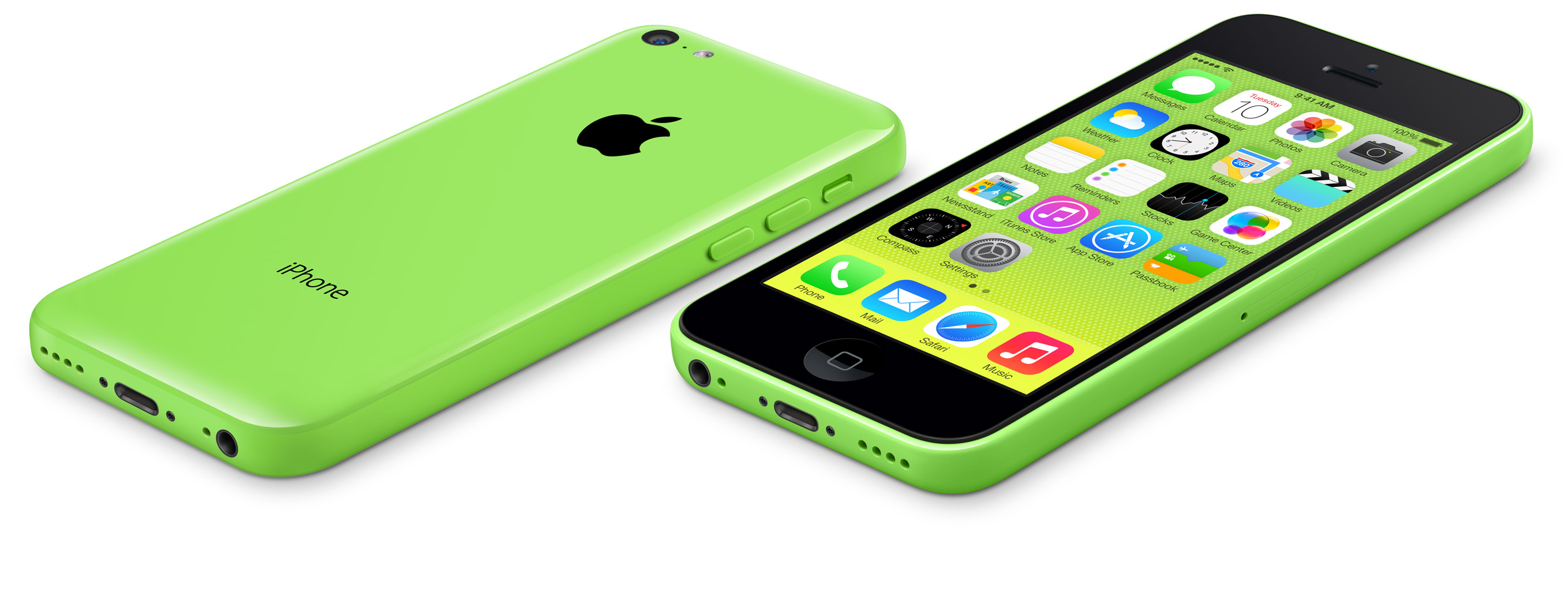 Dua perangkat iPhone 5C berwarna hijau bersebelahan, satu diletakkan telungkup dan yang lainnya menghadap ke depan