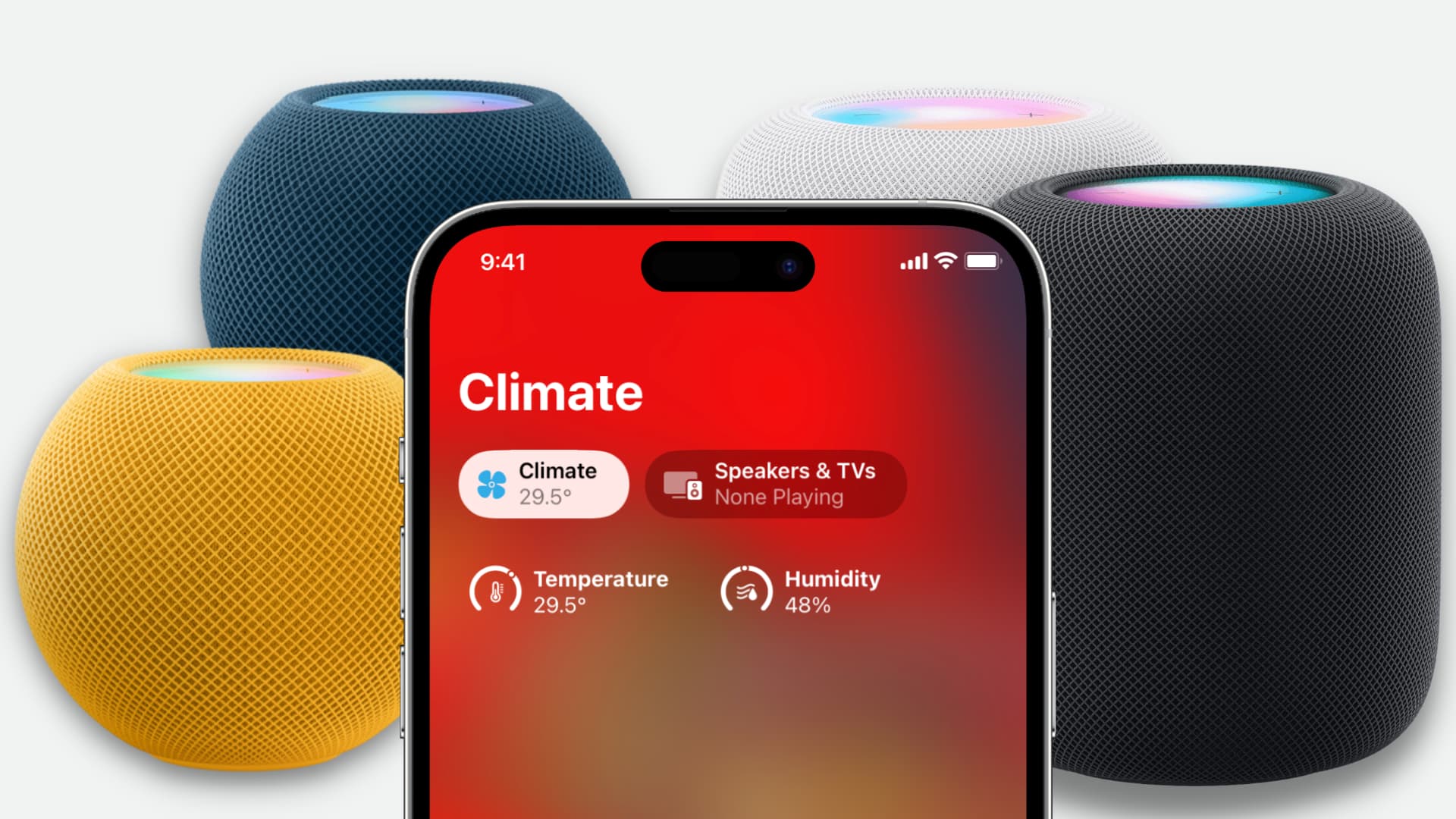 HomePod mini dan HomePod generasi ke-2 menampilkan suhu dan kelembapan di iPhone